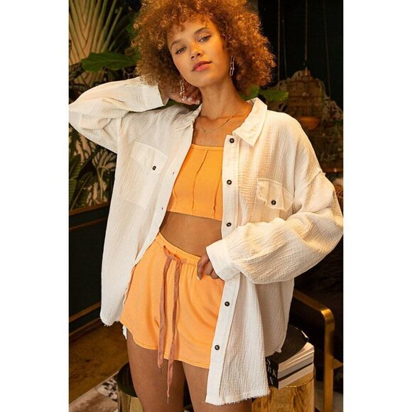 POL Clothing Button Up Dad Shirt Shacket Top Oversized Fit Off White S-L YKT433 - Picture 2 of 7